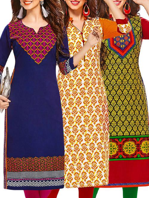 set of 3 multi colored cotton unstitched kurta - 13378072 - Very Small Image - 1