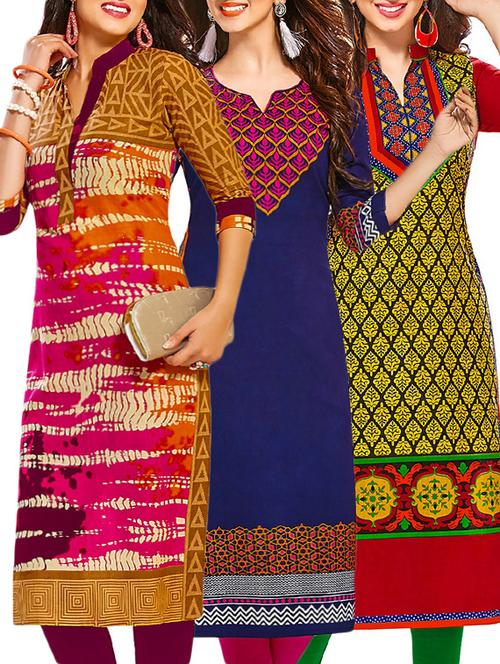 set of 3 multi colored cotton unstitched kurta - 13378078 - Very Small Image - 1