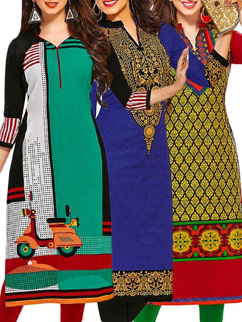 set of 3 multi colored cotton unstitched kurta - 13378087 - Very Small Image - 1