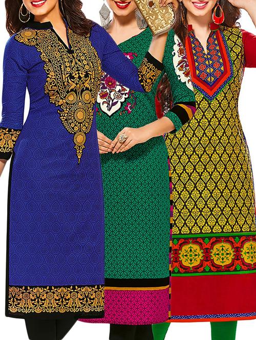 set of 3 multi colored cotton unstitched kurta - 13378091 - Very Small Image - 1