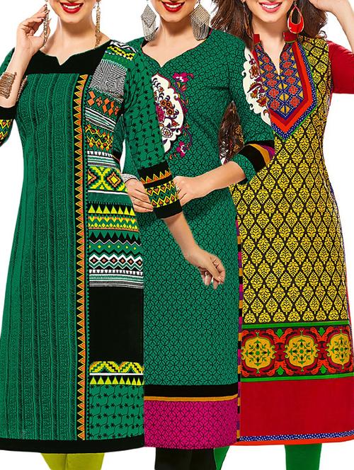 set of 3 multi colored cotton unstitched kurta - 13378107 - Very Small Image - 1