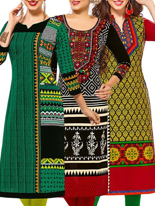 set of 3 multi colored cotton unstitched kurta - 13378114 - Very Small Image - 1