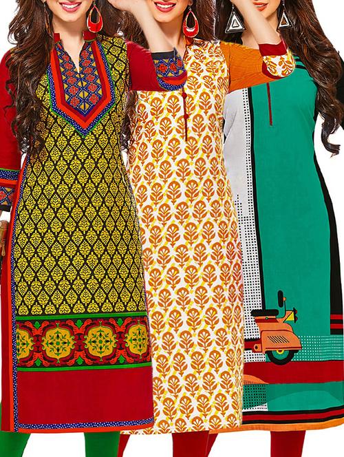 set of 3 multi colored cotton unstitched kurta - 13378120 - Very Small Image - 1