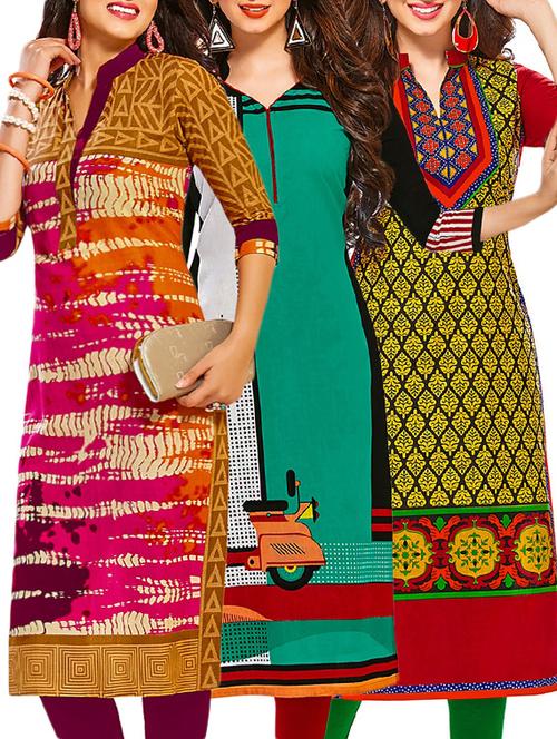 set of 3 multi colored cotton unstitched kurta - 13378126 - Very Small Image - 1