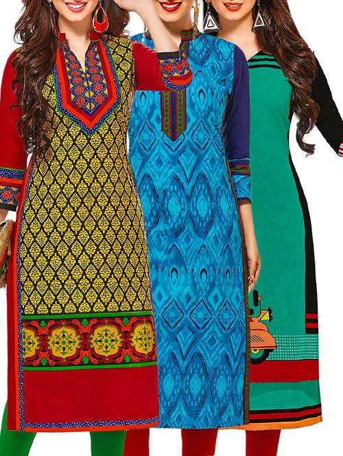 set of 3 multi colored cotton unstitched kurta - 13378128 - Very Small Image - 1