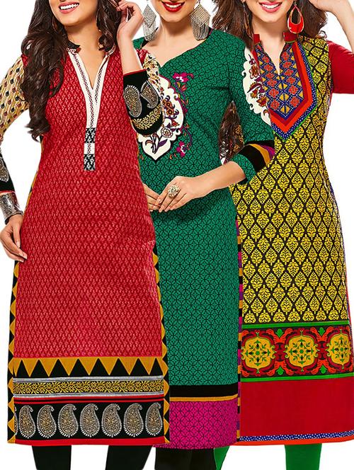 set of 3 multi colored cotton unstitched kurta - 13378136 - Very Small Image - 1