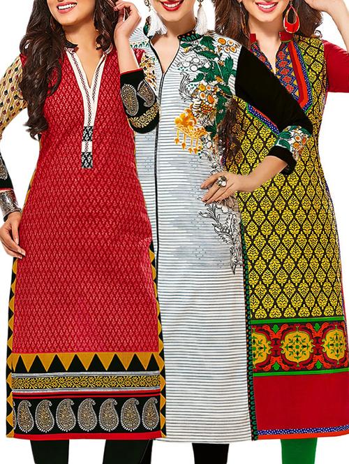 set of 3 multi colored cotton unstitched kurta - 13378141 - Very Small Image - 1