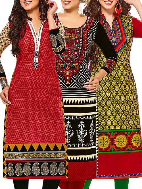 set of 3 multi colored cotton unstitched kurta - 13378143 - Very Small Image - 1