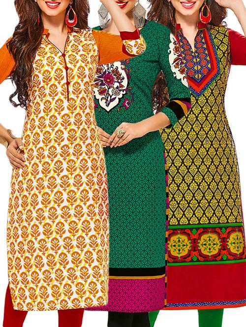 set of 3 multi colored cotton unstitched kurta - 13378149 - Very Small Image - 1