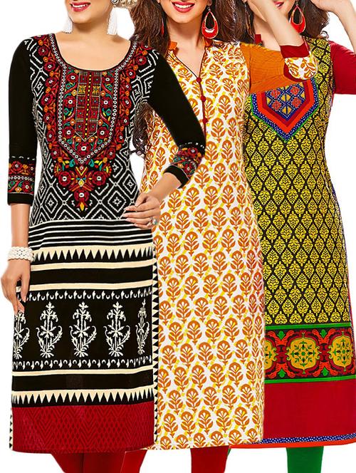 set of 3 multi colored cotton unstitched kurta - 13378156 - Very Small Image - 1