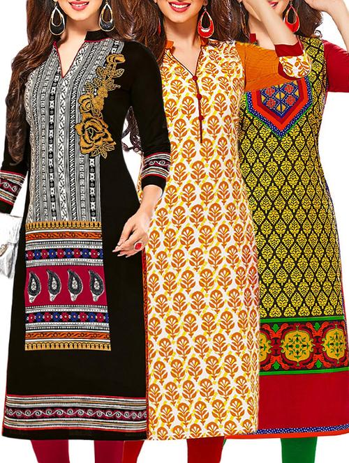 set of 3 multi colored cotton unstitched kurta - 13378159 - Very Small Image - 1