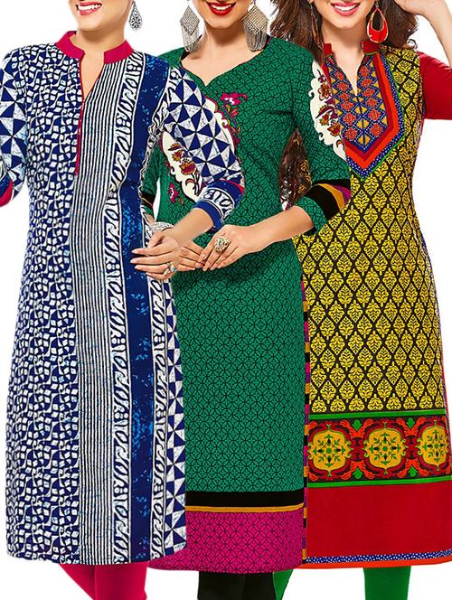 set of 3 multi colored cotton unstitched kurta - 13378161 - Very Small Image - 1