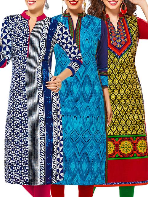 set of 3 multi colored cotton unstitched kurta - 13378167 - Very Small Image - 1