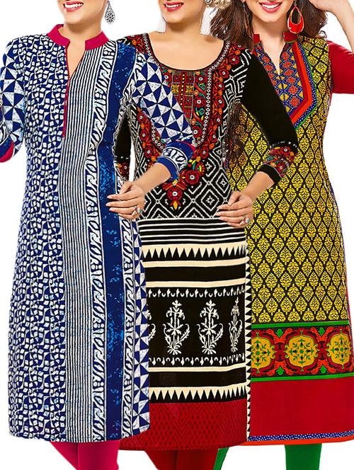 set of 3 multi colored cotton unstitched kurta - 13378168 - Very Small Image - 1