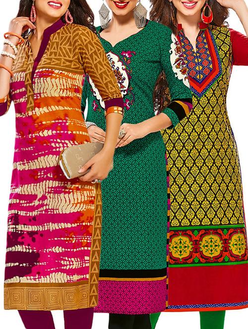 set of 3 multi colored cotton unstitched kurta - 13378176 - Very Small Image - 1