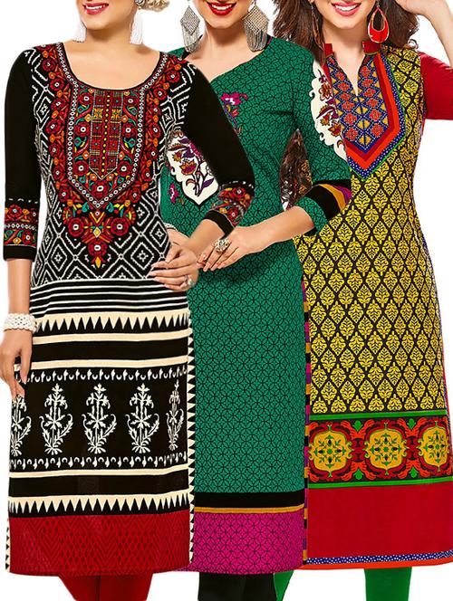 set of 3 multi colored cotton unstitched kurta - 13378179 - Very Small Image - 1