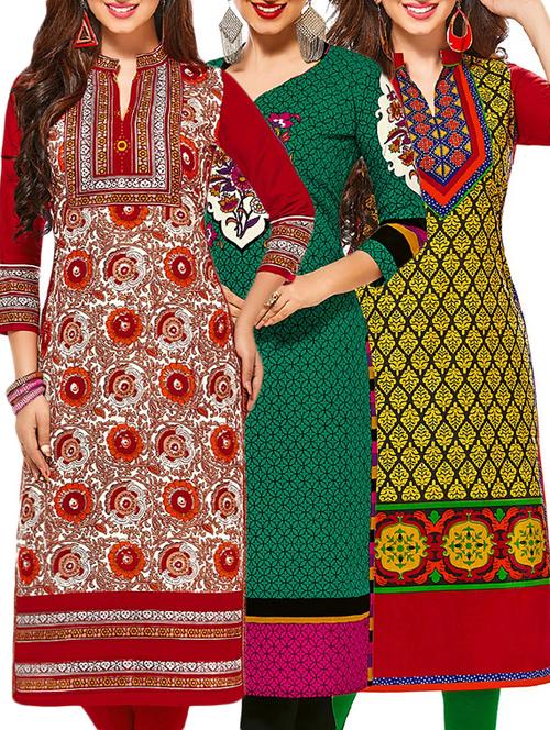 set of 3 multi colored cotton unstitched kurta - 13378181 - Very Small Image - 1