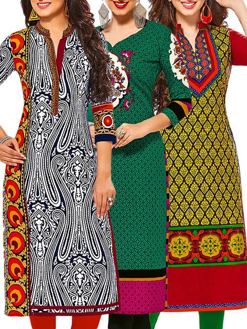 set of 3 multi colored cotton unstitched kurta - 13378183 - Very Small Image - 1