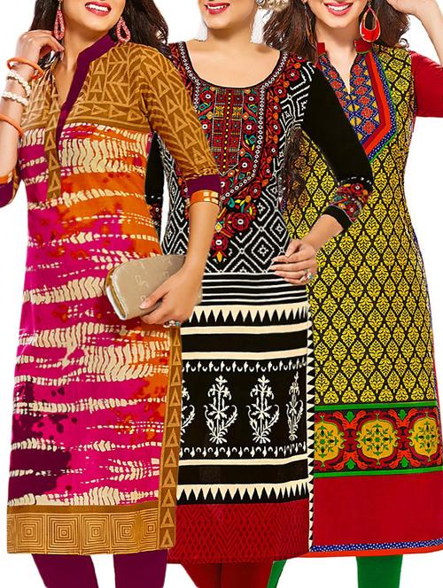 set of 3 multi colored cotton unstitched kurta - 13378213 - Very Small Image - 1