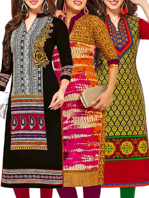 set of 3 multi colored cotton unstitched kurta - 13378216 - Very Small Image - 1