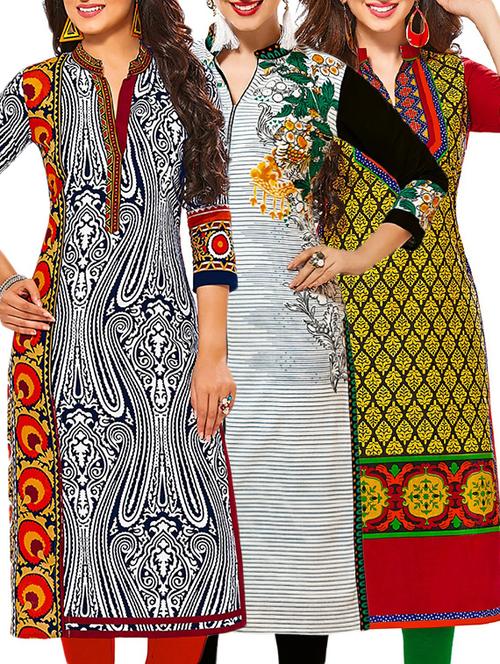 set of 3 multi colored cotton unstitched kurta - 13378223 - Very Small Image - 1