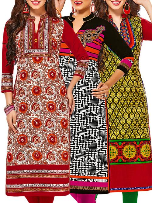 set of 3 multi colored cotton unstitched kurta - 13378233 - Very Small Image - 1