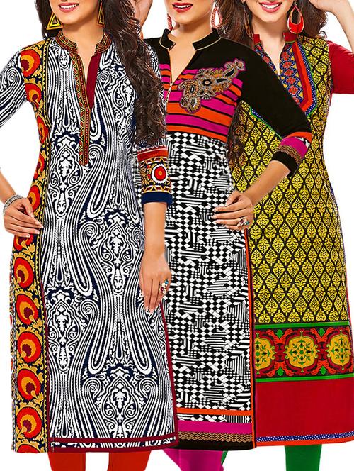 set of 3 multi colored cotton unstitched kurta - 13378235 - Very Small Image - 1