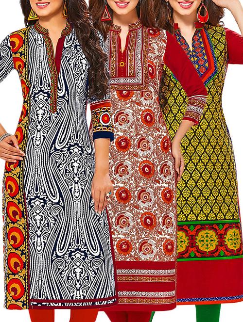 set of 3 multi colored cotton unstitched kurta - 13378237 - Very Small Image - 1