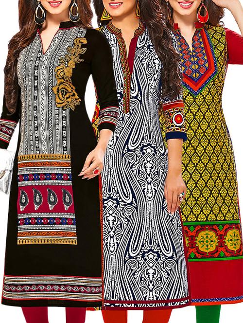 set of 3 multi colored cotton unstitched kurta - 13378238 - Very Small Image - 1