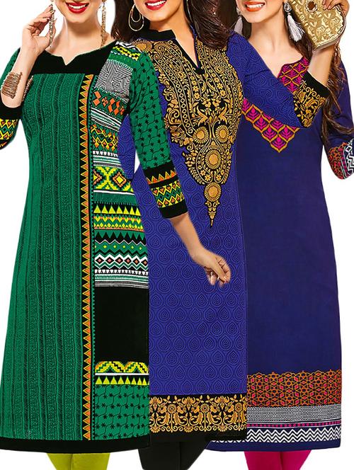 set of 3 multi colored cotton unstitched kurta - 13378239 - Very Small Image - 1