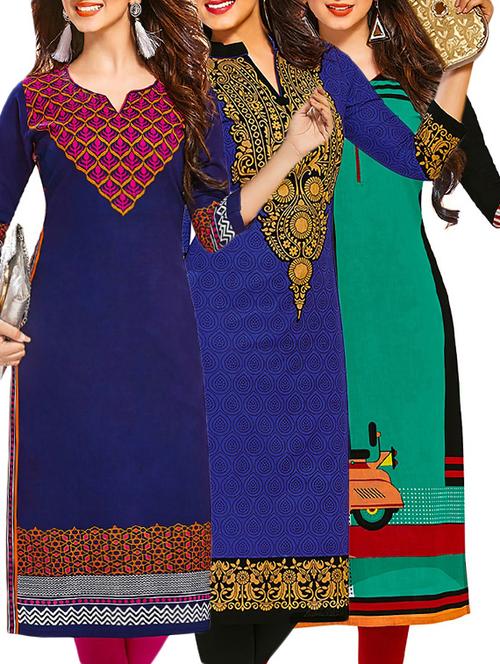 set of 3 multi colored cotton unstitched kurta - 13378240 - Very Small Image - 1