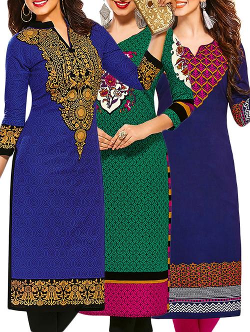 set of 3 multi colored cotton unstitched kurta - 13378244 - Very Small Image - 1