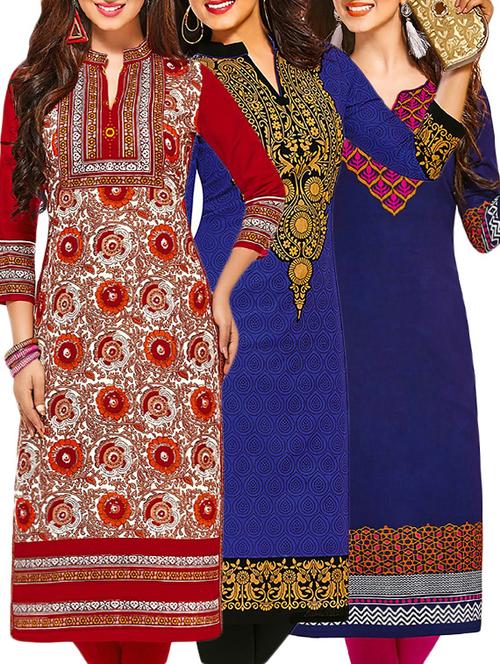 set of 3 multi colored cotton unstitched kurta - 13378253 - Very Small Image - 1