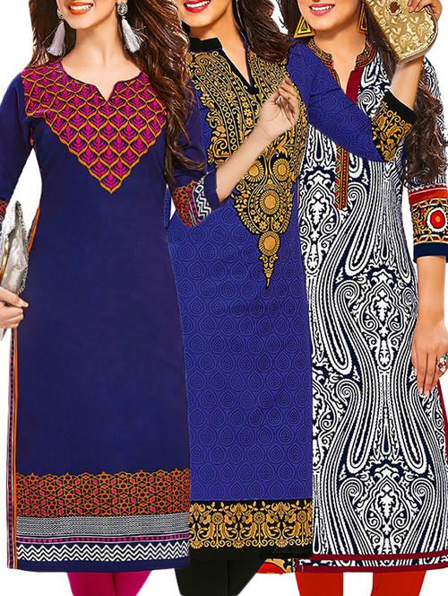 set of 3 multi colored cotton unstitched kurta - 13378255 - Very Small Image - 1