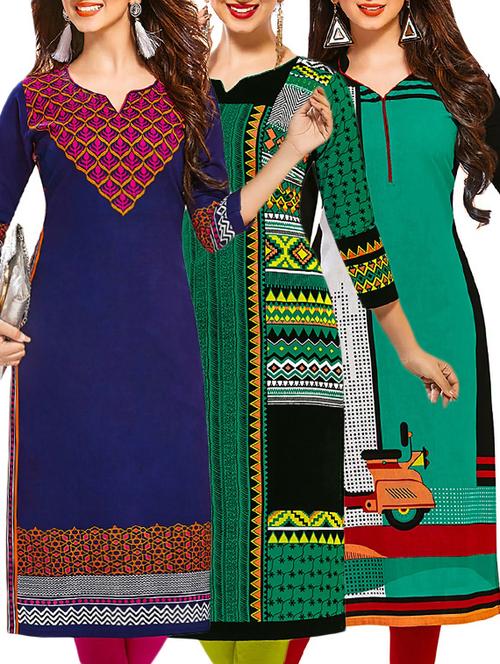 set of 3 multi colored cotton unstitched kurta - 13378256 - Very Small Image - 1