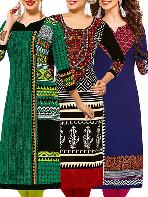 set of 3 multi colored cotton unstitched kurta - 13378267 - Very Small Image - 1