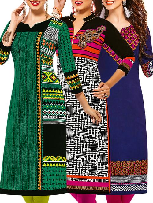 set of 3 multi colored cotton unstitched kurta - 13378268 - Very Small Image - 1