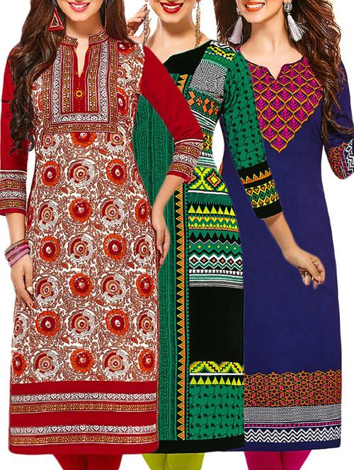 set of 3 multi colored cotton unstitched kurta - 13378269 - Very Small Image - 1