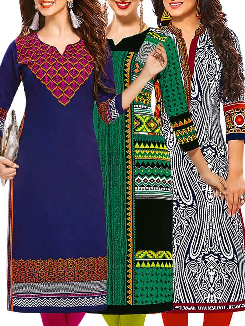 set of 3 multi colored cotton unstitched kurta - 13378271 - Very Small Image - 1
