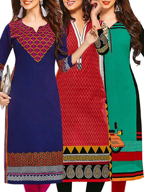 set of 3 multi colored cotton unstitched kurta - 13378272 - Very Small Image - 1