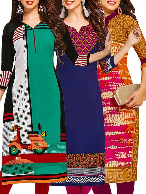 set of 3 multi colored cotton unstitched kurta - 13378279 - Very Small Image - 1