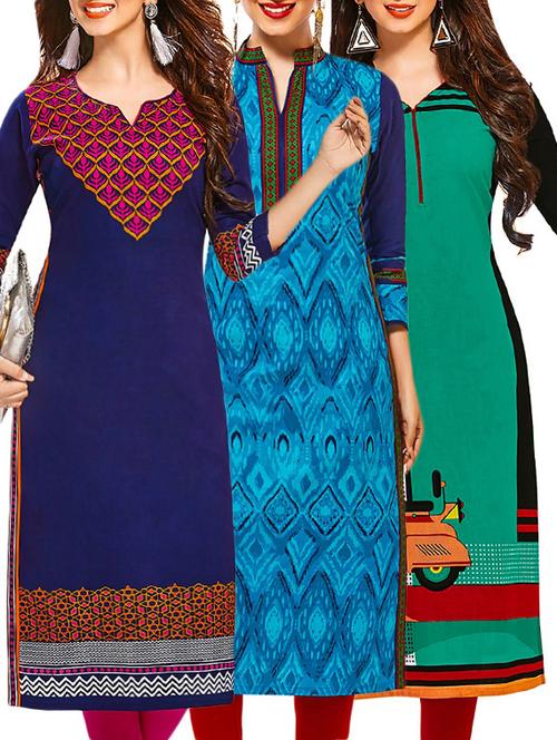 set of 3 multi colored cotton unstitched kurta - 13378281 - Very Small Image - 1