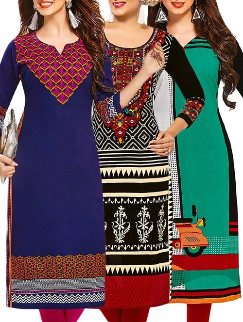 set of 3 multi colored cotton unstitched kurta - 13378282 - Very Small Image - 1