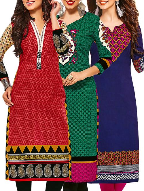 set of 3 multi colored cotton unstitched kurta - 13378289 - Very Small Image - 1