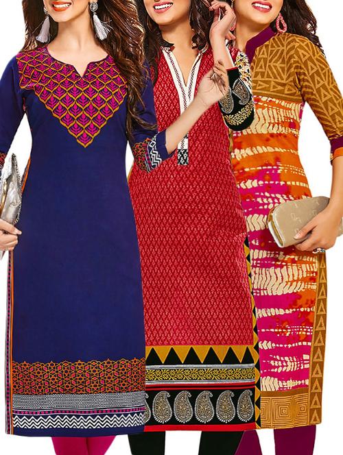 set of 3 multi colored cotton unstitched kurta - 13378293 - Very Small Image - 1