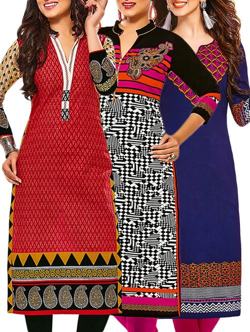 set of 3 multi colored cotton unstitched kurta - 13378297 - Very Small Image - 1