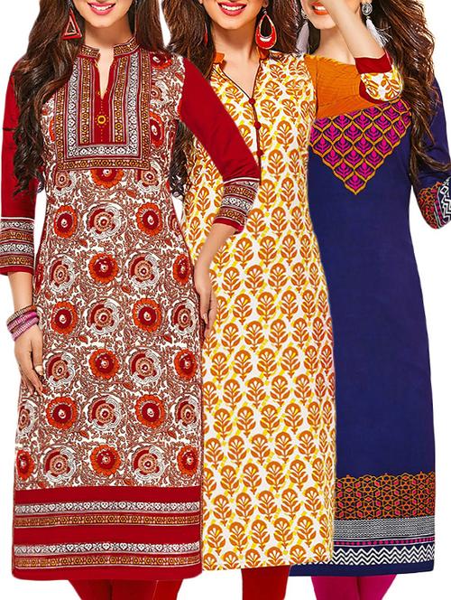 set of 3 multi colored cotton unstitched kurta - 13378311 - Very Small Image - 1
