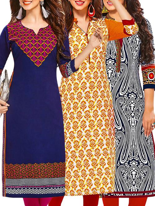 set of 3 multi colored cotton unstitched kurta - 13378313 - Very Small Image - 1