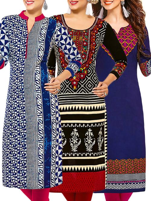set of 3 multi colored cotton unstitched kurta - 13378321 - Very Small Image - 1