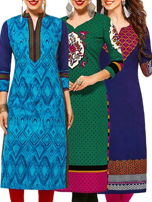 set of 3 multi colored cotton unstitched kurta - 13378332 - Very Small Image - 1